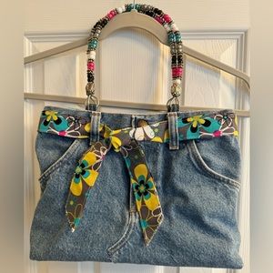 Handmade Blue Denim Purse w/ Tropical Floral Accents and Beaded Handles